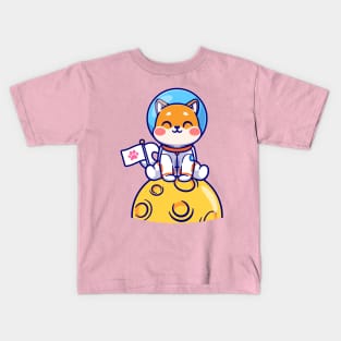 Cute Shiba Inu Dog Astronaut Sitting On Moon Cartoon Kids T-Shirt